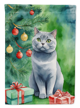 British Shorthair Cat by the Christmas Tree House Flag