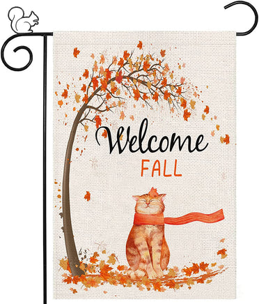 Welcome Fall Garden Flag, Double Sided Rustic Cat Maple Leaves House Flag Small Burlap Porch Sign for Autumn Holiday Home Farmhouse Outdoor 12×18 Inch