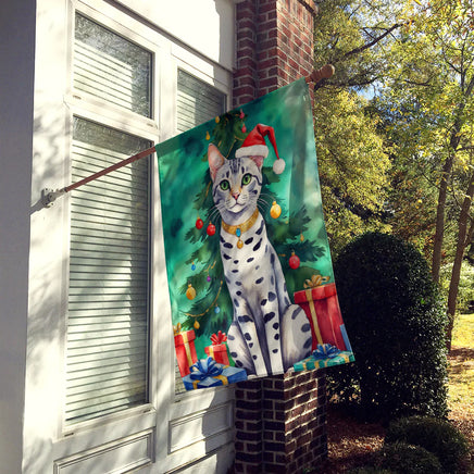 Egyptian Mau Cat by the Christmas Tree House Flag